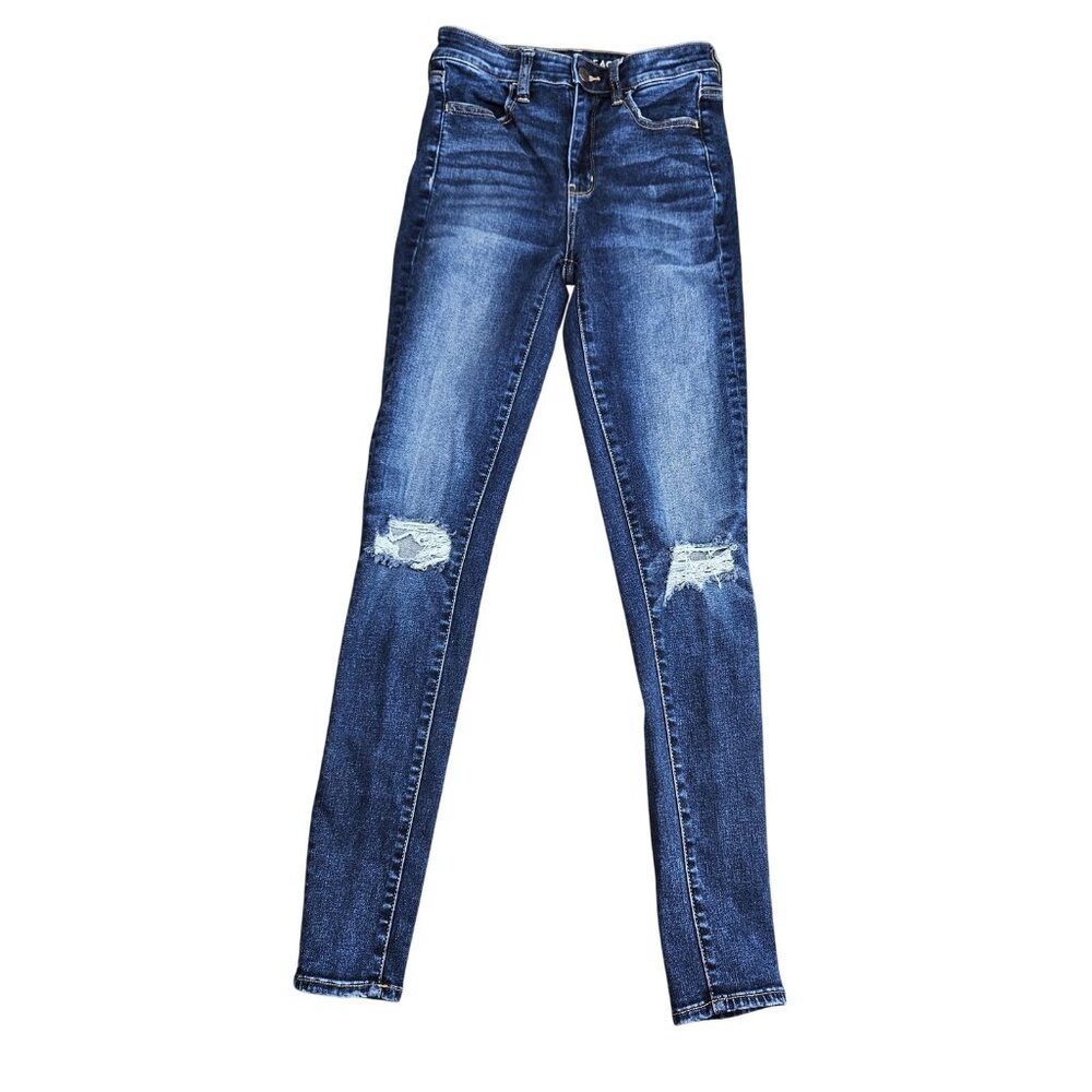 American Eagle Jeans Womens 2 Long Blue Super Hi-Rise Jegging Distressed Stretch